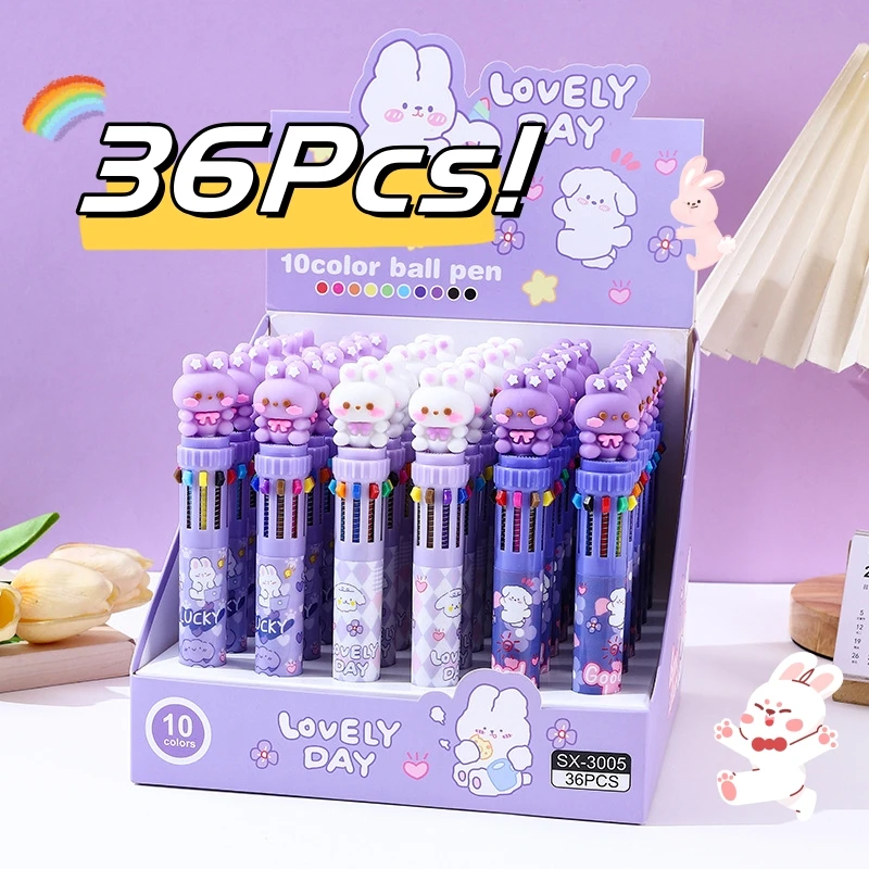 

36Pcs/Lot Cute Rabbit 10 Color Ballpoint Pens Purple Bunny Multicolor Press Ball Pen Kawaii Stationery Office School Supplies