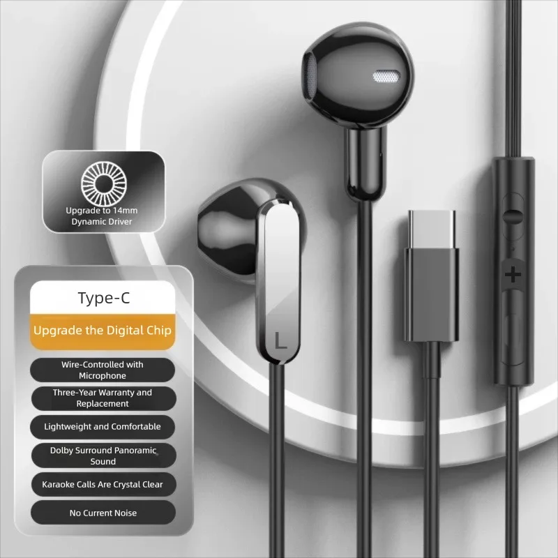 USB Type C HiFi Bass Stereo Wired Earphones with Volume Control