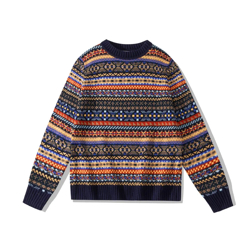OKONKWO British retro round neck pullover sweater Fair Isle pattern sweater wool blend sweater 5