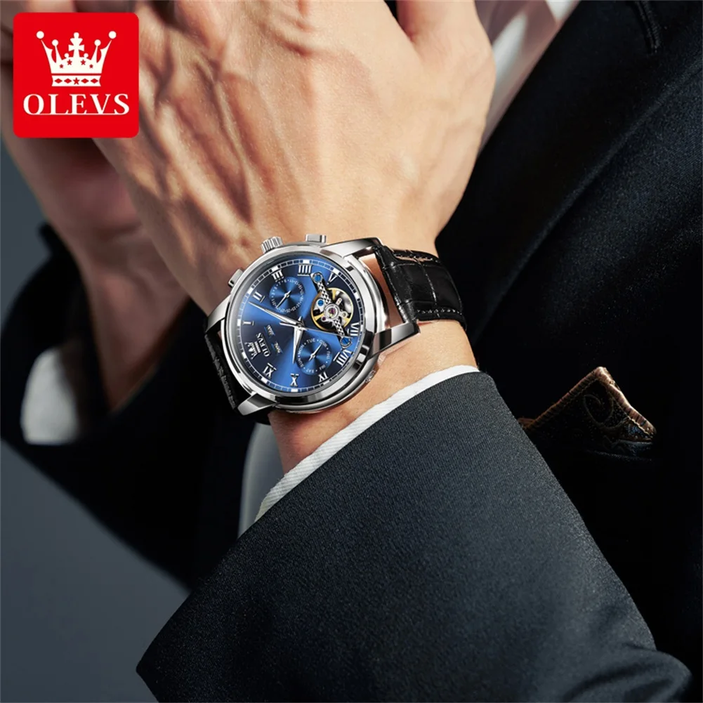 OLEVS 6607 Men Automatic Watch Roman Scale Mechanical Watch For Men Original Hollow Waterproof Male Wristwatch Week Date Display