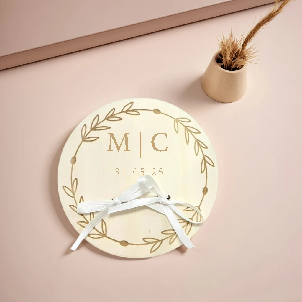 Customized Rustic Wooden Ring Stand with White Ribbon - Unique Wedding or Anniversary Gift