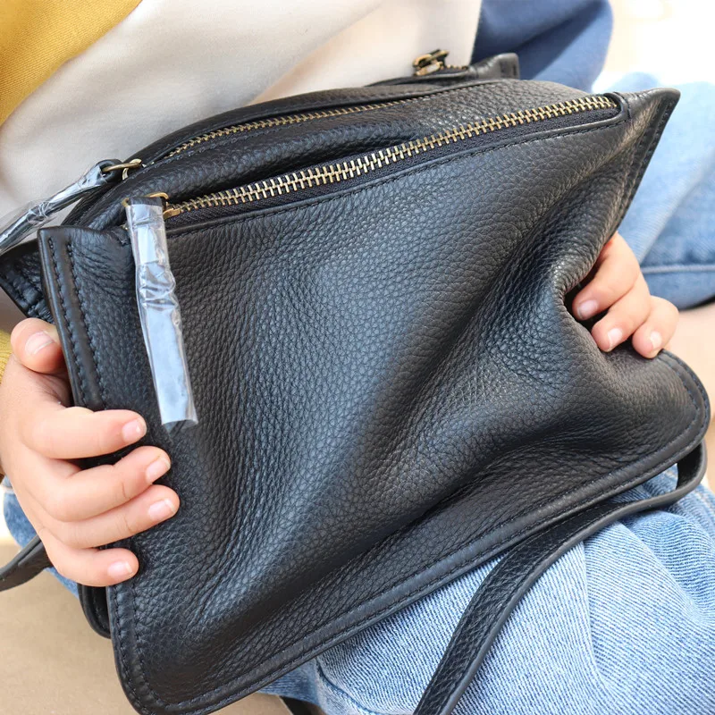 Women's First Layer Cowhide Messenger Bags Casual Shoulder Crossbody Bag Soft Real Leather Multi-Pocket Design Small Square Flap