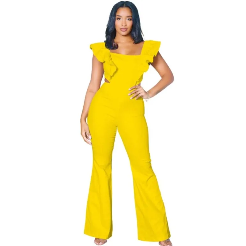 Fashion Solid Ruffle Square Neck Jumpsuit Women Summer Sleeveless Hollow Zipper Bodysuit High Waist Trousers Long Pant Street