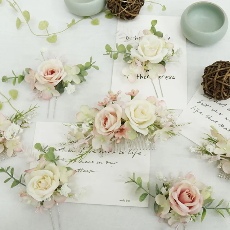 Pink Artifical Rose Flower Headwear with Comb Wedding Decoration Bride Hair Accessories