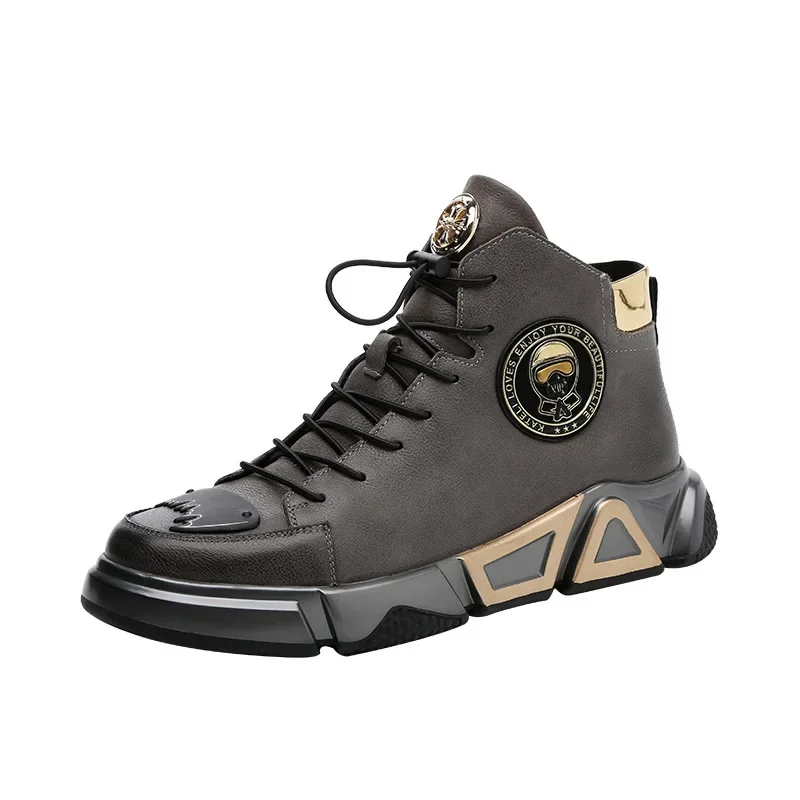 Fashion High Top Leather Casual Sneaker Men Black Platform - Main Image