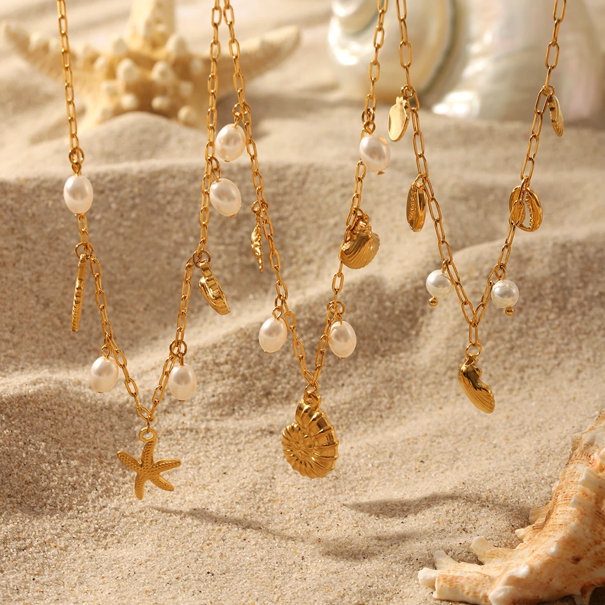 Ocean Shell Starfish Pendant Necklace For Women, Stainless Steel Plated Gold Necklaces, Fashion Jewelry_voghion.com