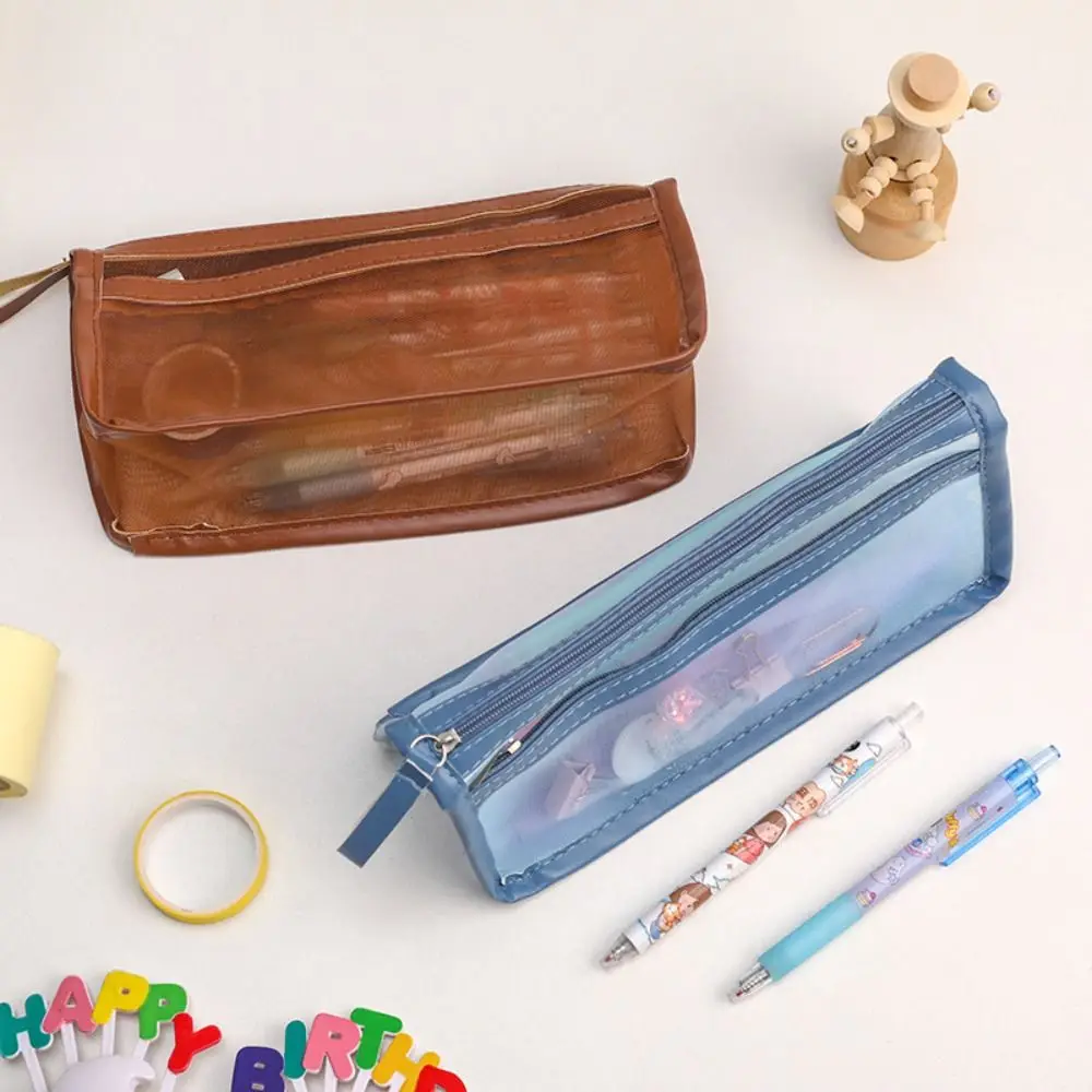 

Stationery Office School Supplies Double Layer Transparent Desktop Storage Bags Pencil Pouch Mesh Pen Bag Stationery Bag