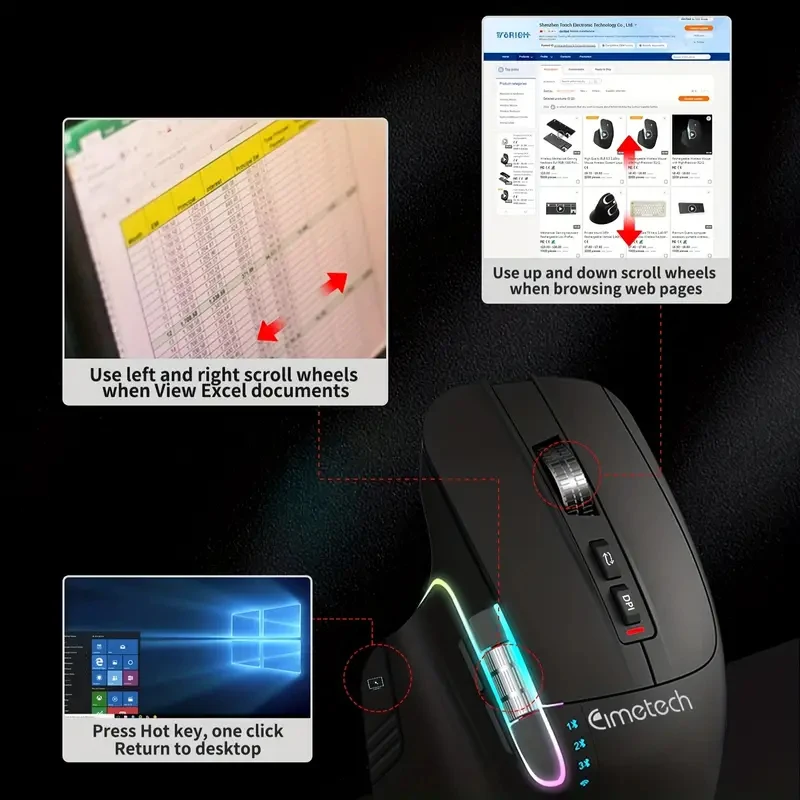 Wireless Wireless Mouse, 2.4GHz, Type-C Wired Three Mode Connection, Artificial Vertical Mouse, Rechargeable Optical Mouse