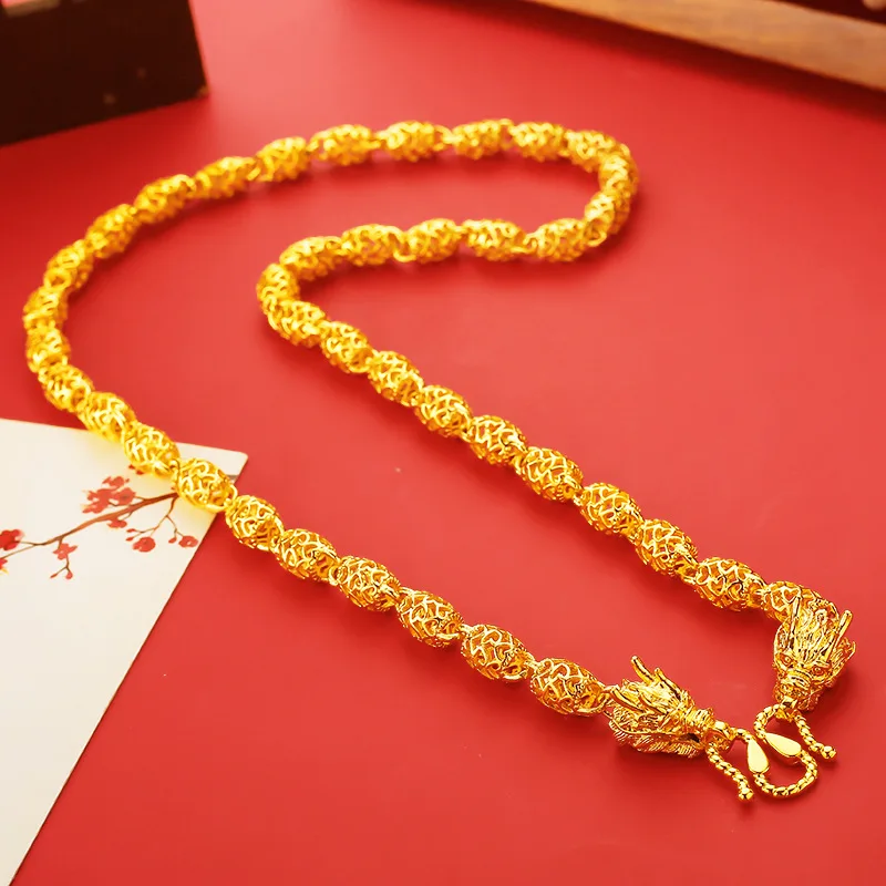 Genuine 24k Gold Filled Necklaces for Men 8mm 60cm Vietnam Gold Hollow Bead Dragon Column Men's