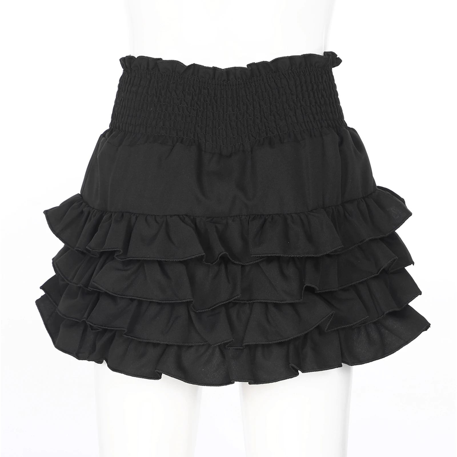 Womens Tiered Ruffles Skirt Casual Sold Color High Waist Wide Elastic Waistband Frilly Skirts Built-In Shorts Miniskirt