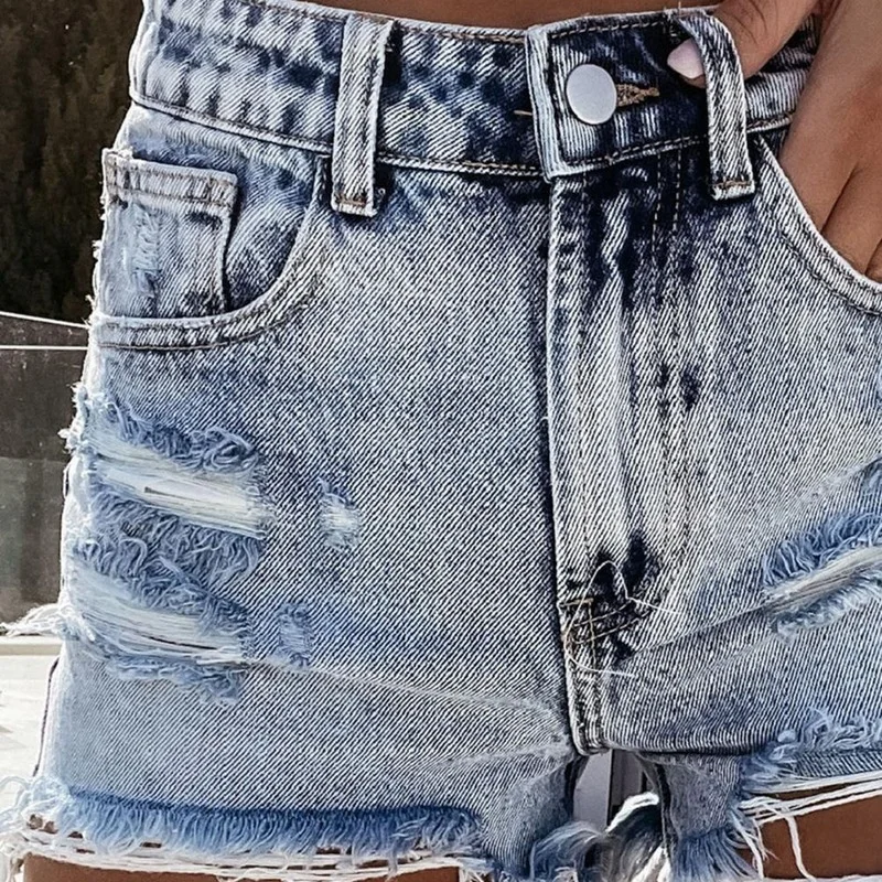 Women Summer High Waist Button Casual Short Jeans 2024 Solid Color Broken Hole Shorts for Dating Female Slim Popular Streetwear