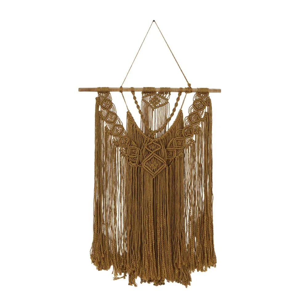 

Brown Fabric Handmade Intricately Weaved Macrame Wall Decor with Beaded Fringe Tassels