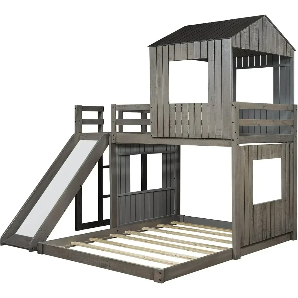 House Bunk Beds Twin Over Full Size, Wood Bunk Beds with Roof and Window Distressed Grey, Twin Over Full with Slide 2