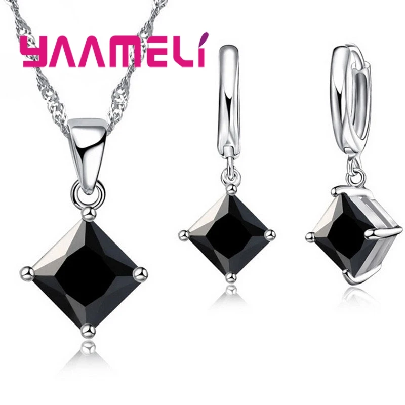 925 Sterling Silver Women Accessories Earrings Jewelry Set Square Shinny CZ Necklace