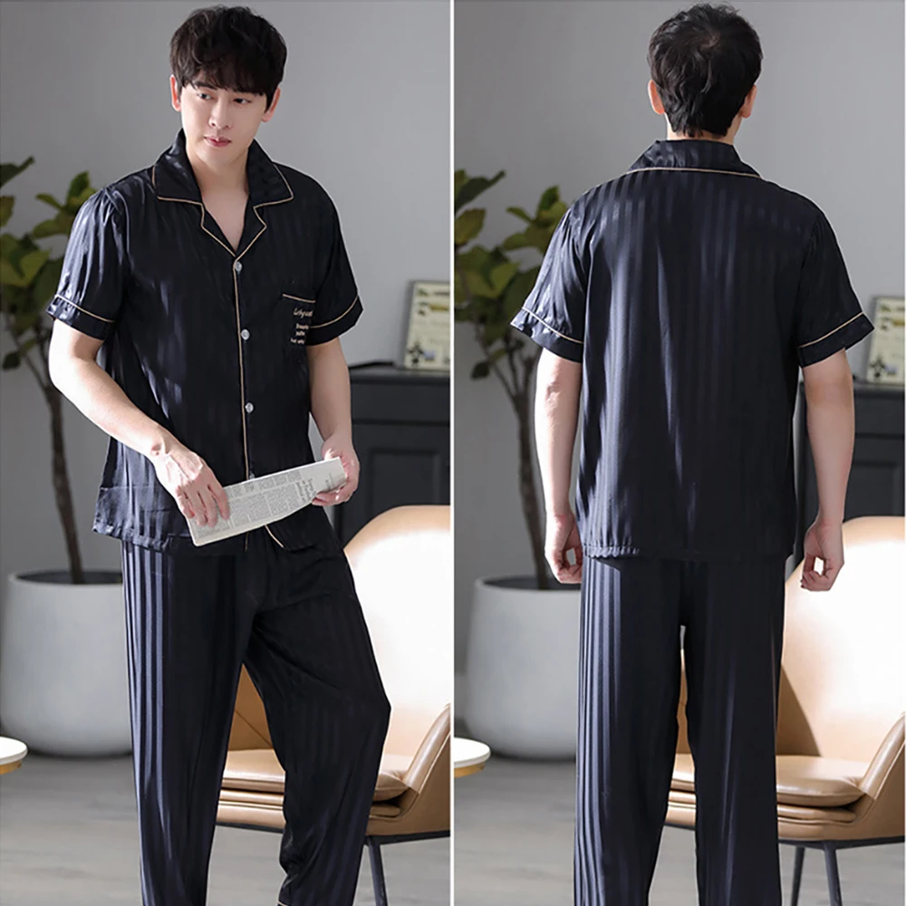 L-3XL High-quality Ice Silk Satin Sleepwear Long Men's Pajamas Pants Breathable Cool Pajama Sets Summer Thin Soft Pijama Hombre