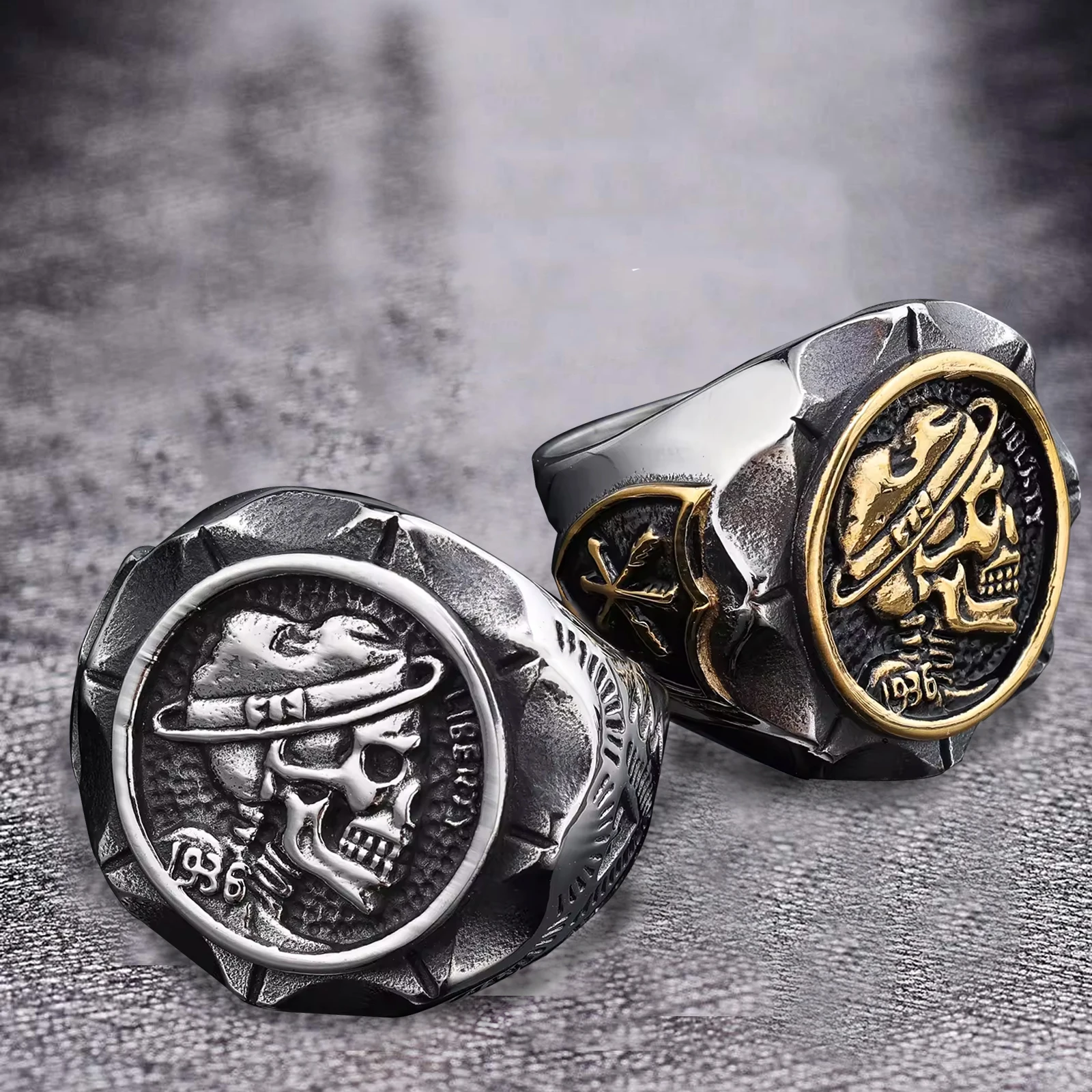 

Vintage Mexican Men's Riding Skull Stainless Steel Hand Jewelry for Men's Rings