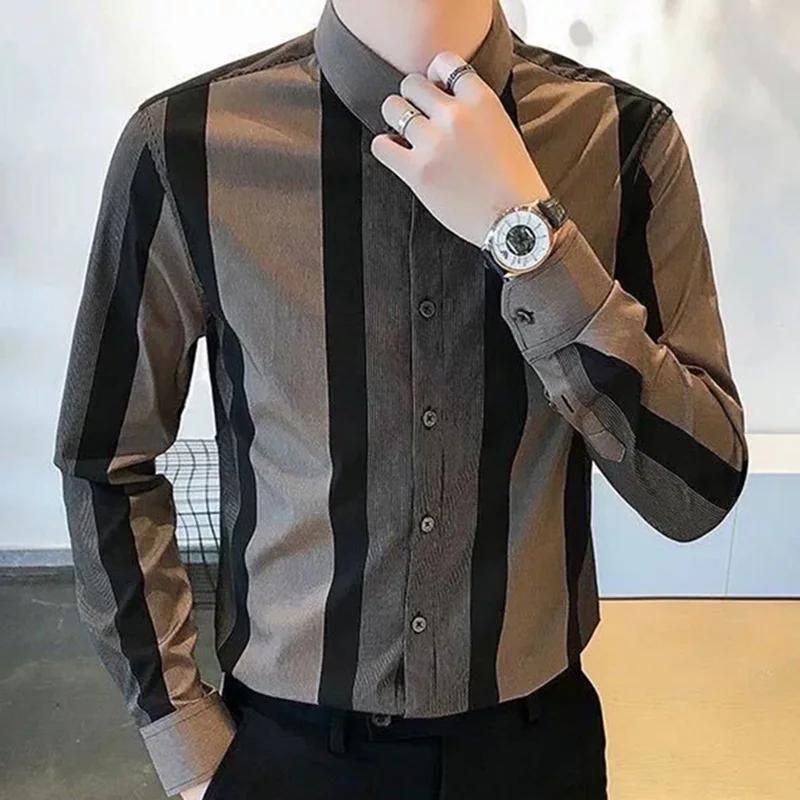 

Fashion Lapel All-match Printed Striped Business Shirts Men's Clothing 2023 Autumn New Oversized Casual Tops Loose Korean Shirt
