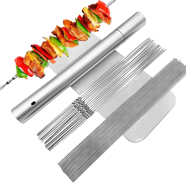 Rozsdamentes Acél Grillezői Nyársai 50/100 Db Újrafelhasználható 35 Cm -Es Lapos Villák Tű Shish Kebab Bbq Szerszám Kiegészítők Kültéri Kempinghez
