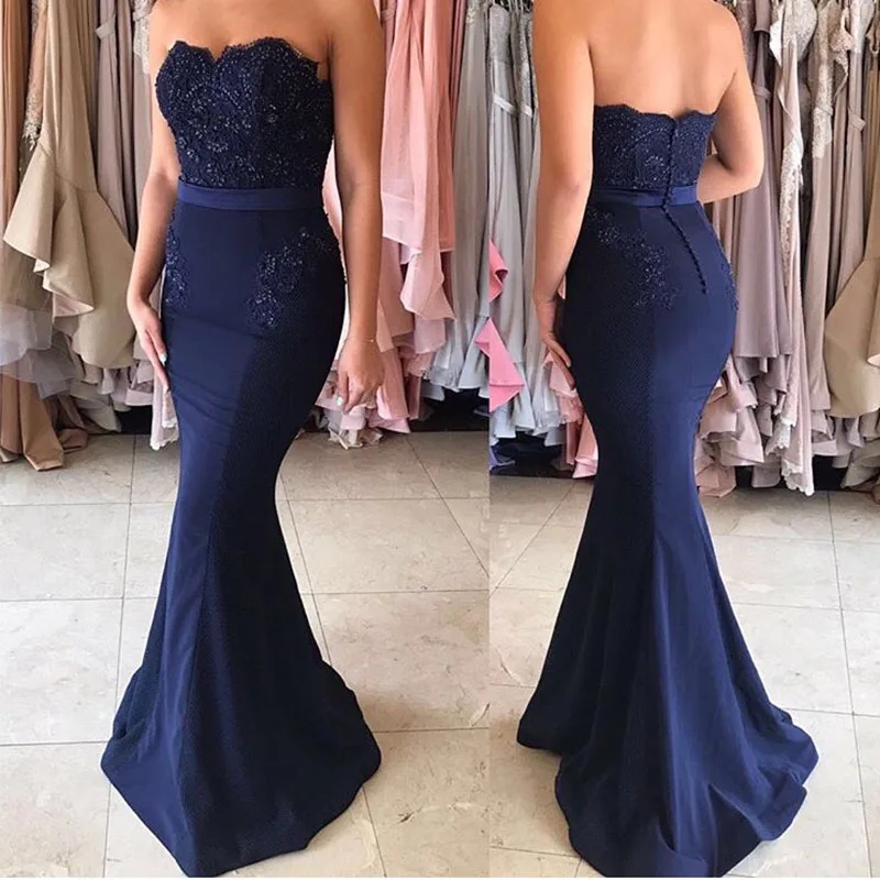 

Vestido de festa longo Bridesmaid Dresses Mermaid Style Navy Blue Sweetheart Satin Wedding Party Gowns Appliques Beaded Dresses