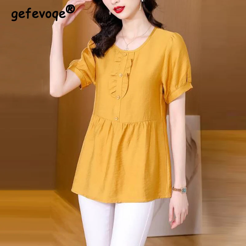 

2024 Summer Women's Korean Fashion Ruffled Short Sleeve Blouse Office Lady Elegant Commute Shirt Casual Solid O Neck Loose Tops