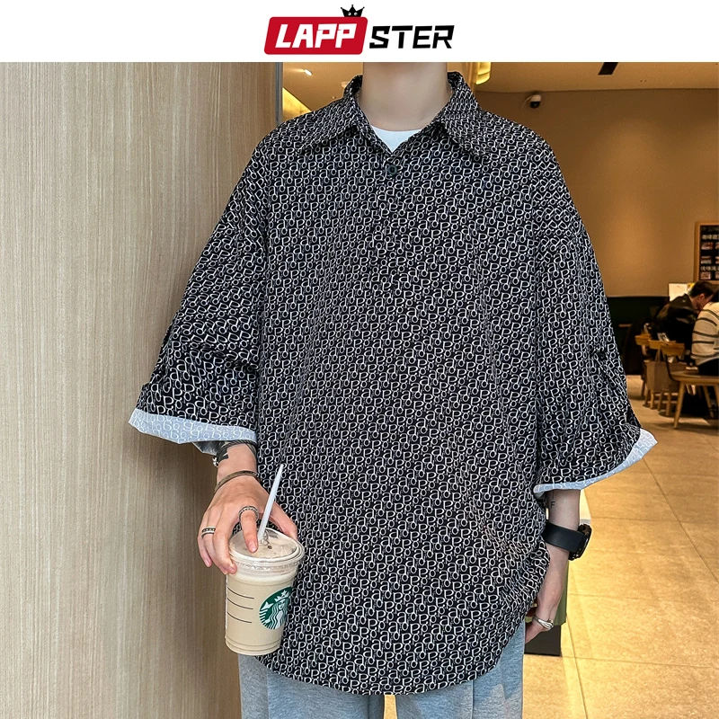 

LAPPSTER Full Print Korean Fashions Striped Shirts 2023 Oversize Half Sleeve Button Up Shirts Japanese Streetwear Casual Blouses