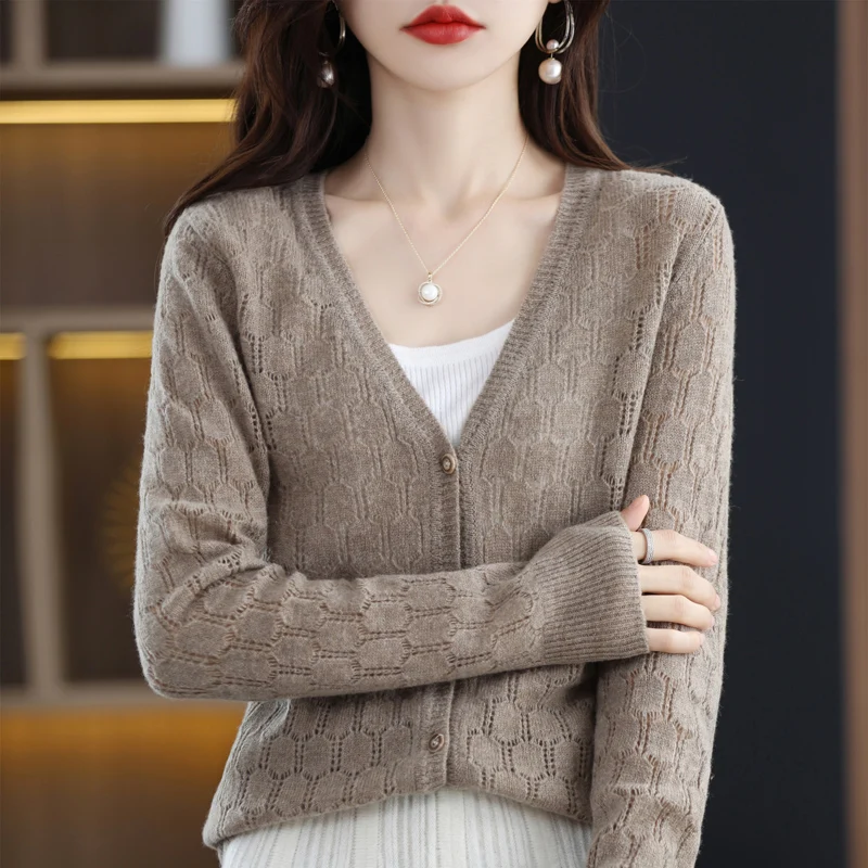 

100% Pure Wool Sweater Autumn Winter New Hollow Women's Fashion Cardigan Round Neck Casual Knitted Sweater Coat Top