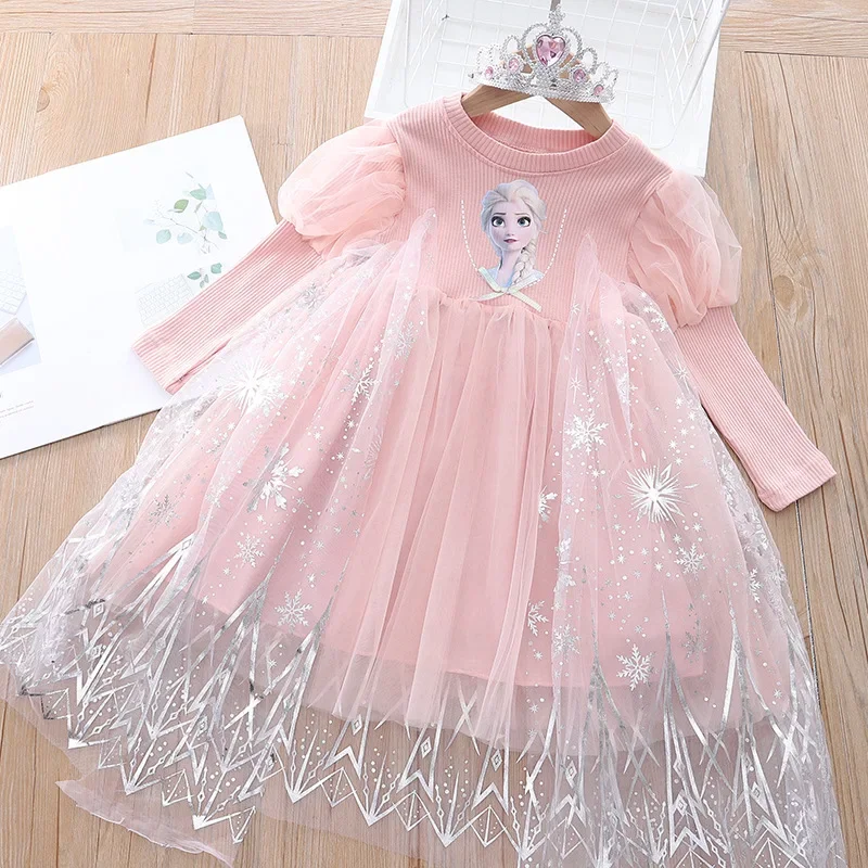 Girls Cartoon Dress Fall Frozen Elsa Princess Dresses Kids Long Sleeve Mesh Costume Crown+Magic Wand Girl Clothes girls dress princess costume kids clothes