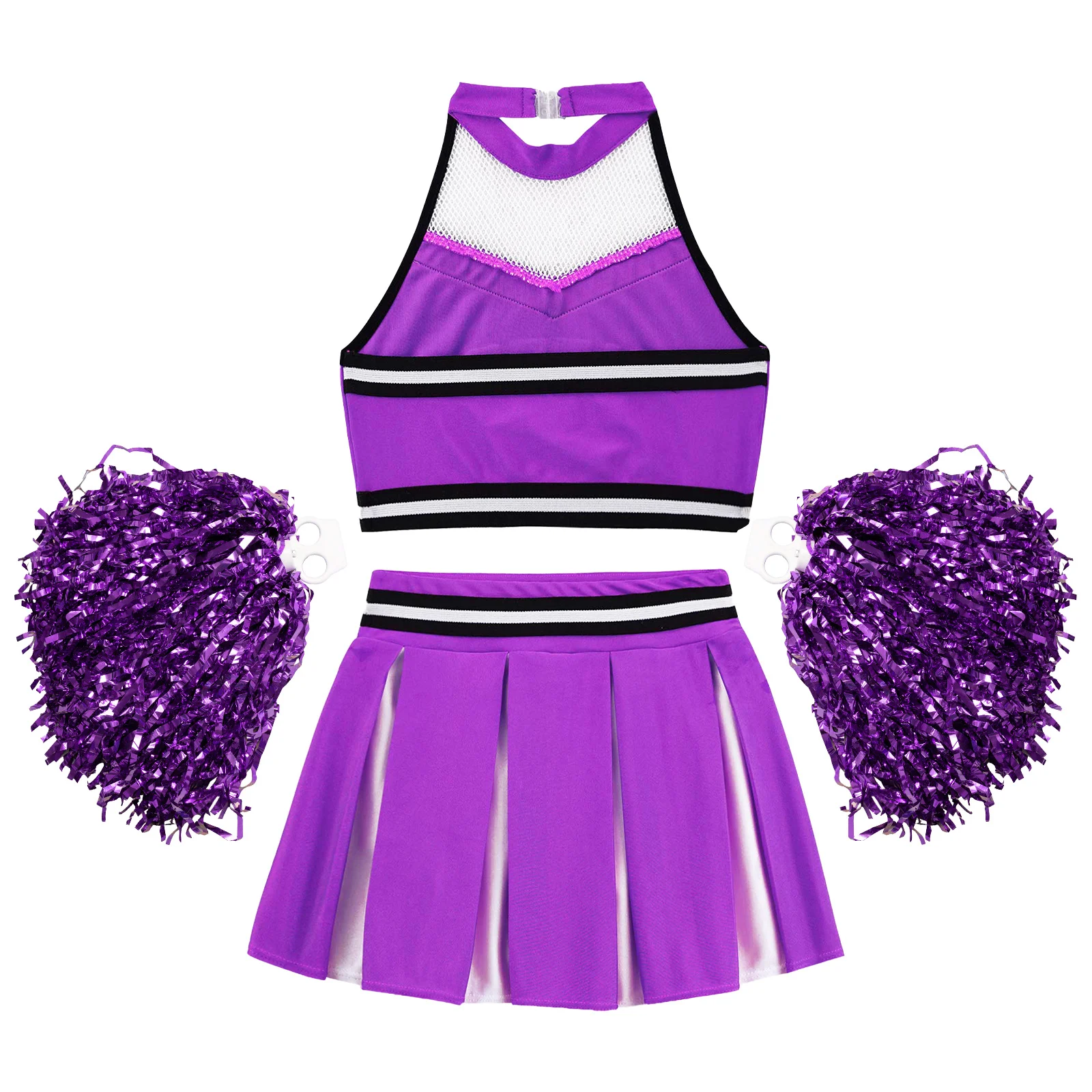 Kids Girls Cheerleader Uniform Halter Neck Mesh Patchwork Letters Printed Crop Top with Pleated Skirt And 2Pcs Flower Balls