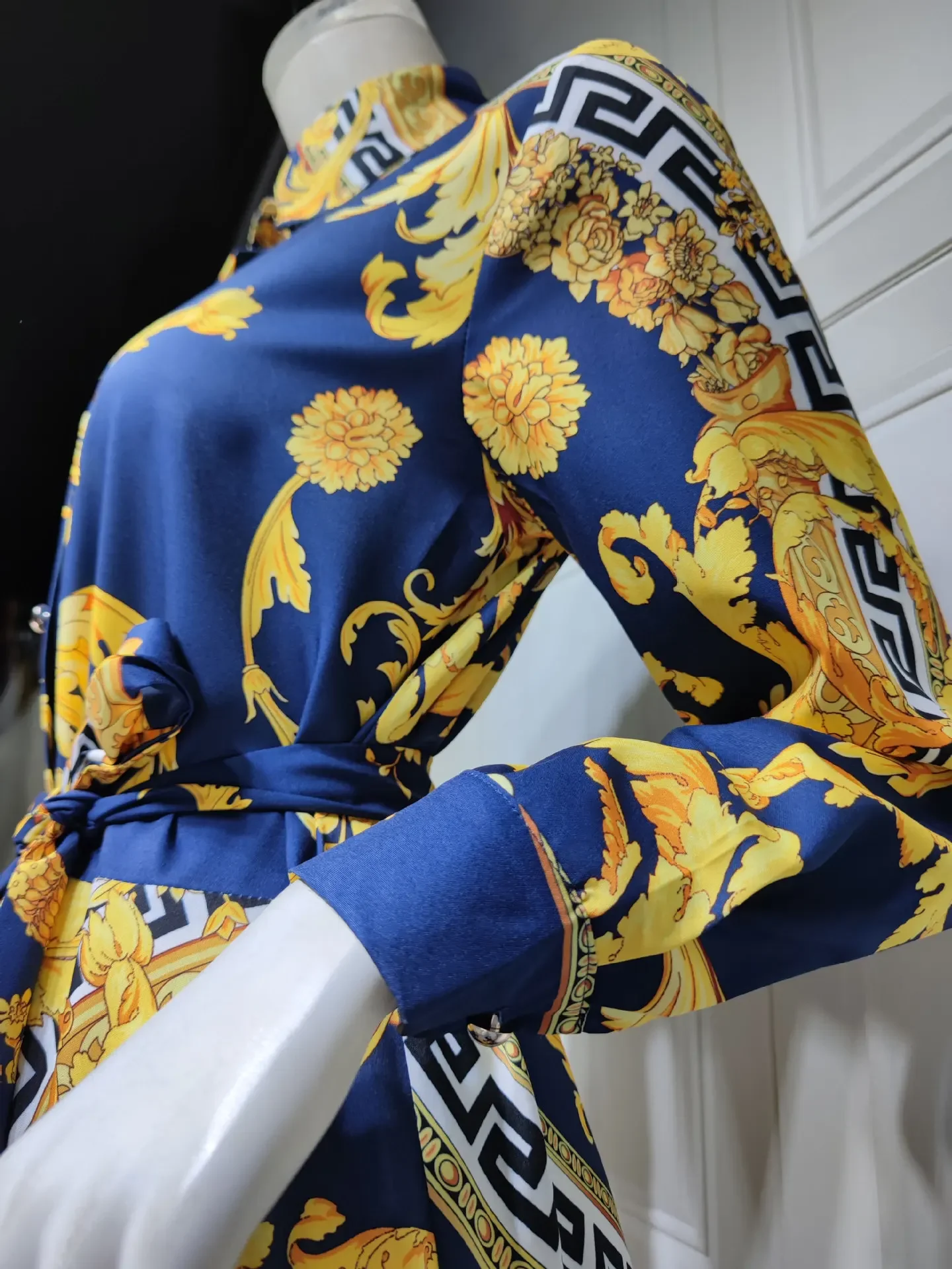 Ethnic Print Maxi Dresses for Women Single-breasted Lapel Shirt Dress Dubai Turkey Arabic Oman Middle East Clothing 2023 New