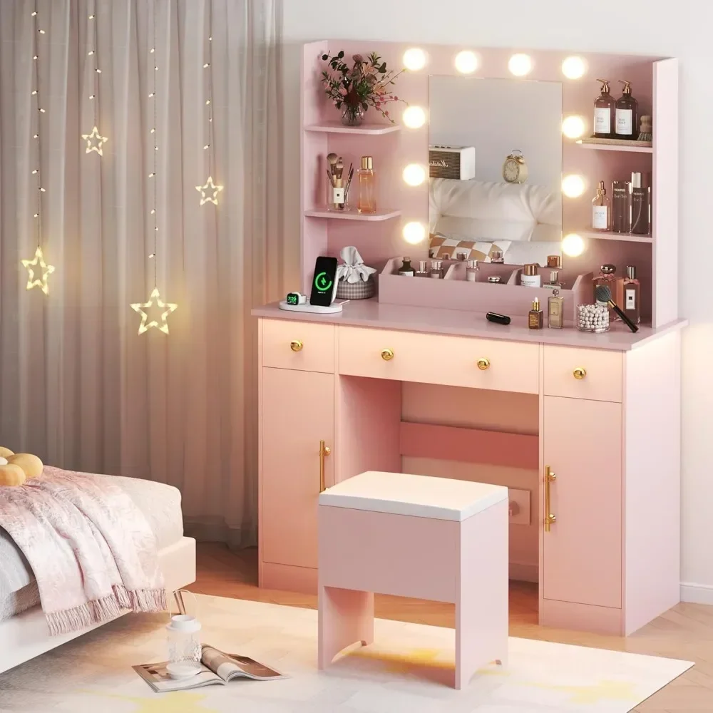 Dressing Table, Pink Dressing Table with Charging Station and Dressing Stool, 3 Drawers and Cabinet, White Makeup Mirror With 3