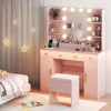 Dressing Table, Pink Dressing Table with Charging Station and Dressing Stool, 3 Drawers and Cabinet, White Makeup Mirror With 3