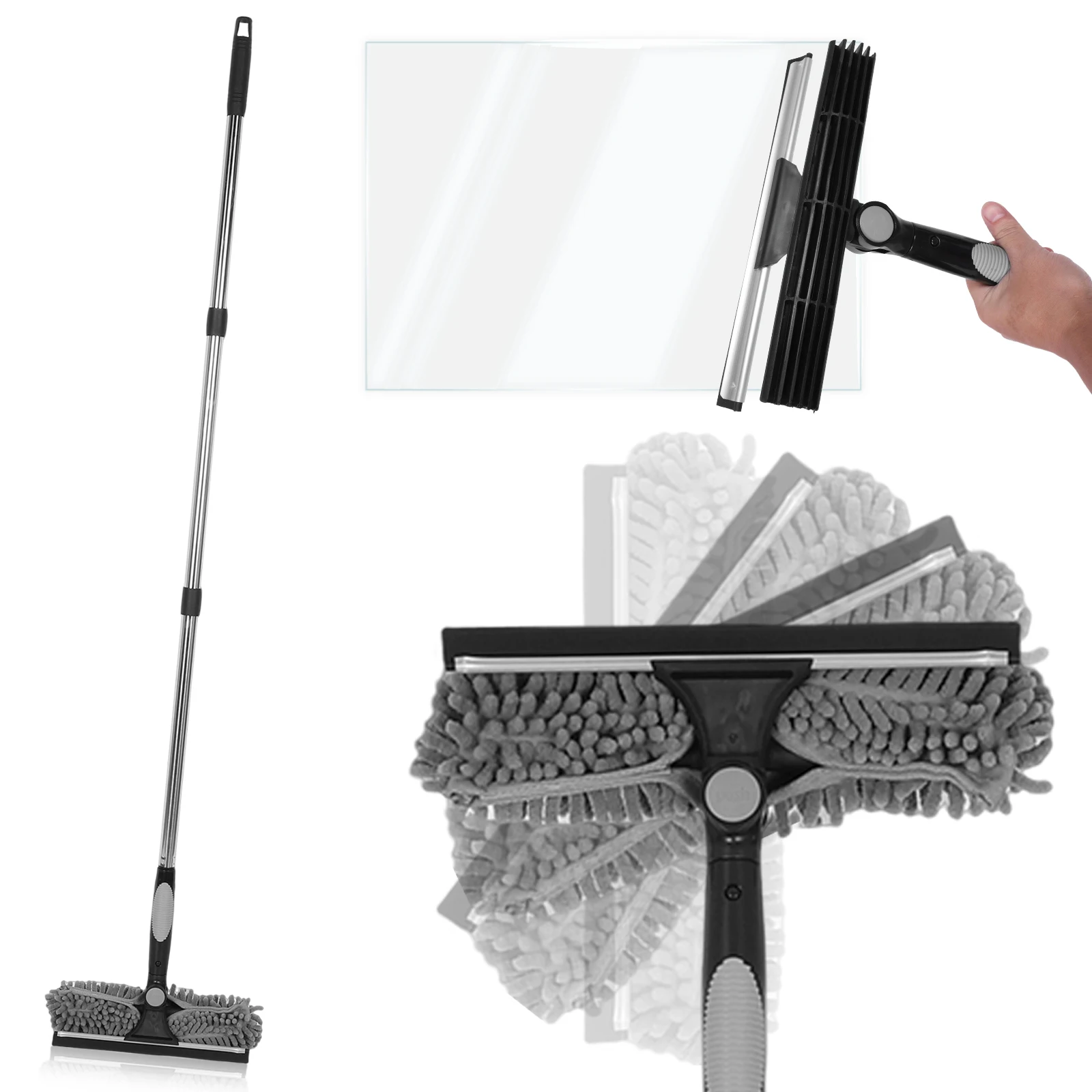 2 in 1 Mop Splicing Rod Rotatable Bathroom Mirror Glass Wiper Adjustable Long Handle Cobweb Duster for Dusting Cleaning Supplies