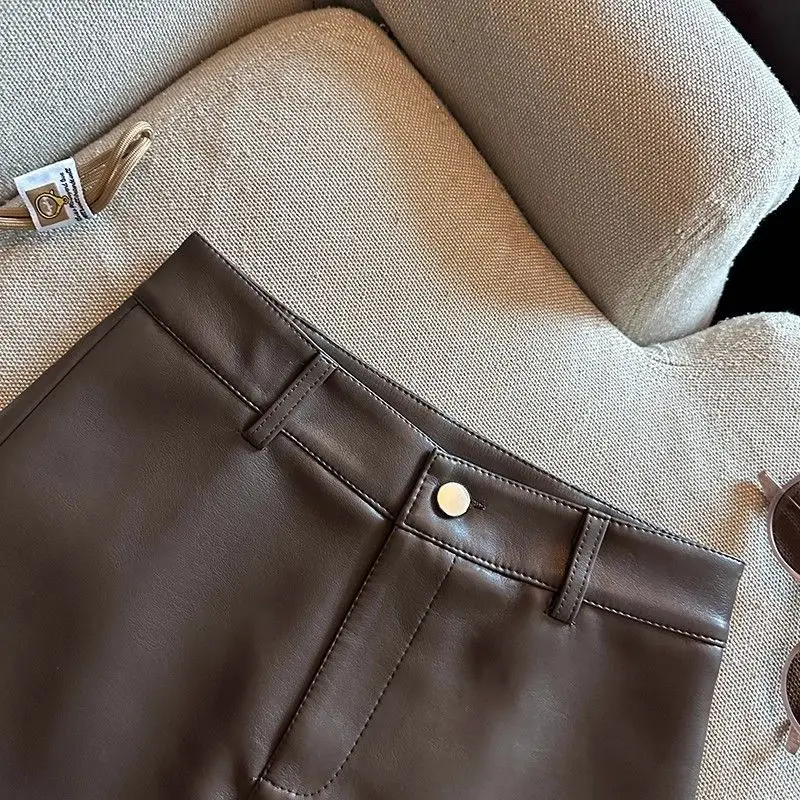 Vintage Braun PU Leder Röcke Weibliche Sexy Hot Mädchen Paket Hüfte Mini Rock Frauen Herbst Winter Hohe Taille Split Shorts Rock – Detail 15