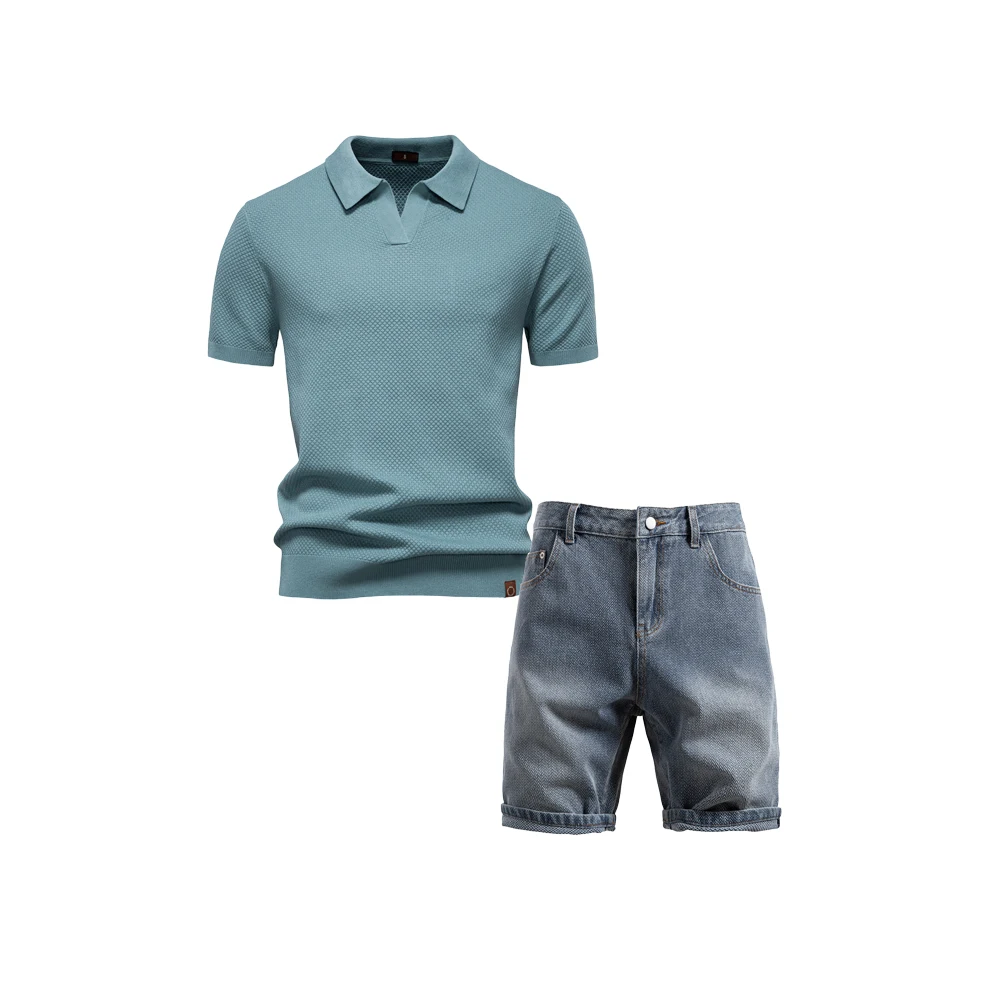Summer Mens Sets For Casual Outdoor Breathable Short Sleeve Solid Color Polo Shirt Comfortable Stylish Denim Shorts 2 Piece Suit