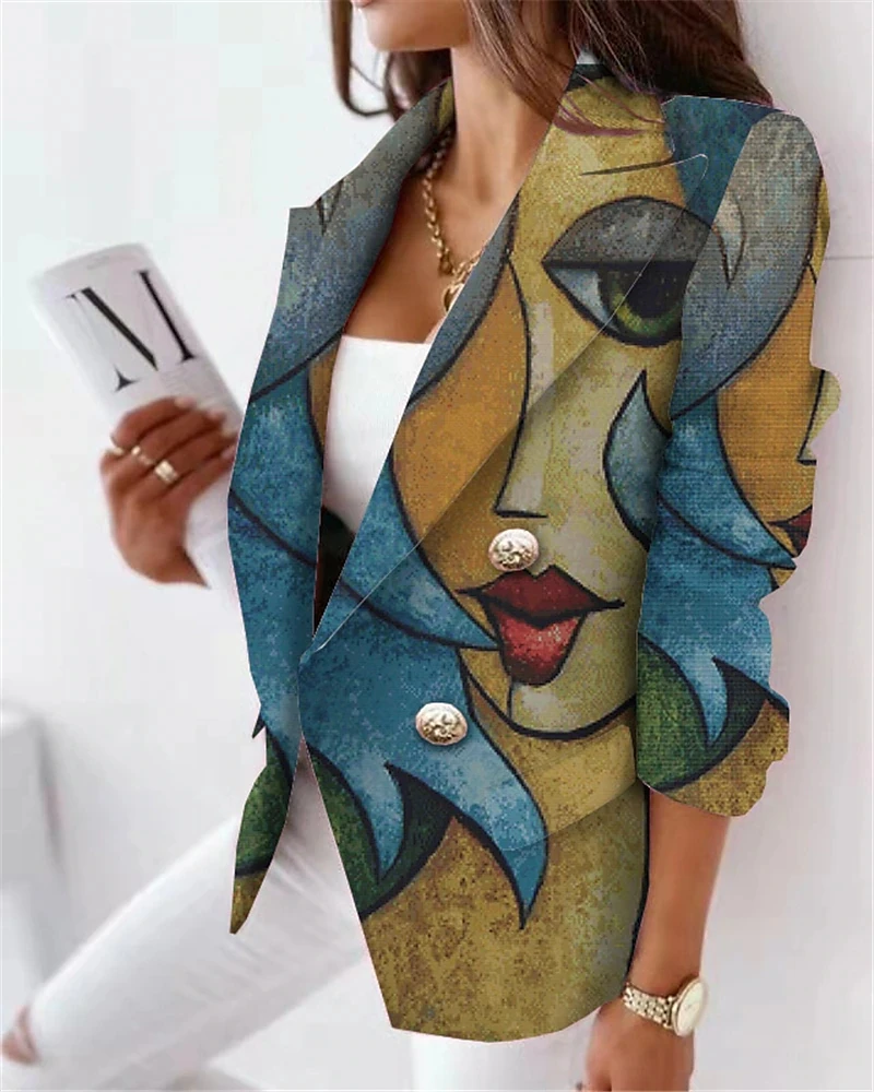 Women Fashion Double Breasted Office Blazer Elegance Long Sleeve Welt Pockets Female Outerwear Chic Print Women Clothing