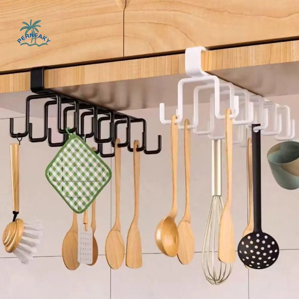 Iron 12 Hooks Cup Holder Black/White Punch-free Double-row Storage Hook Space Saving Traceless Under Cabinet Storage Rack