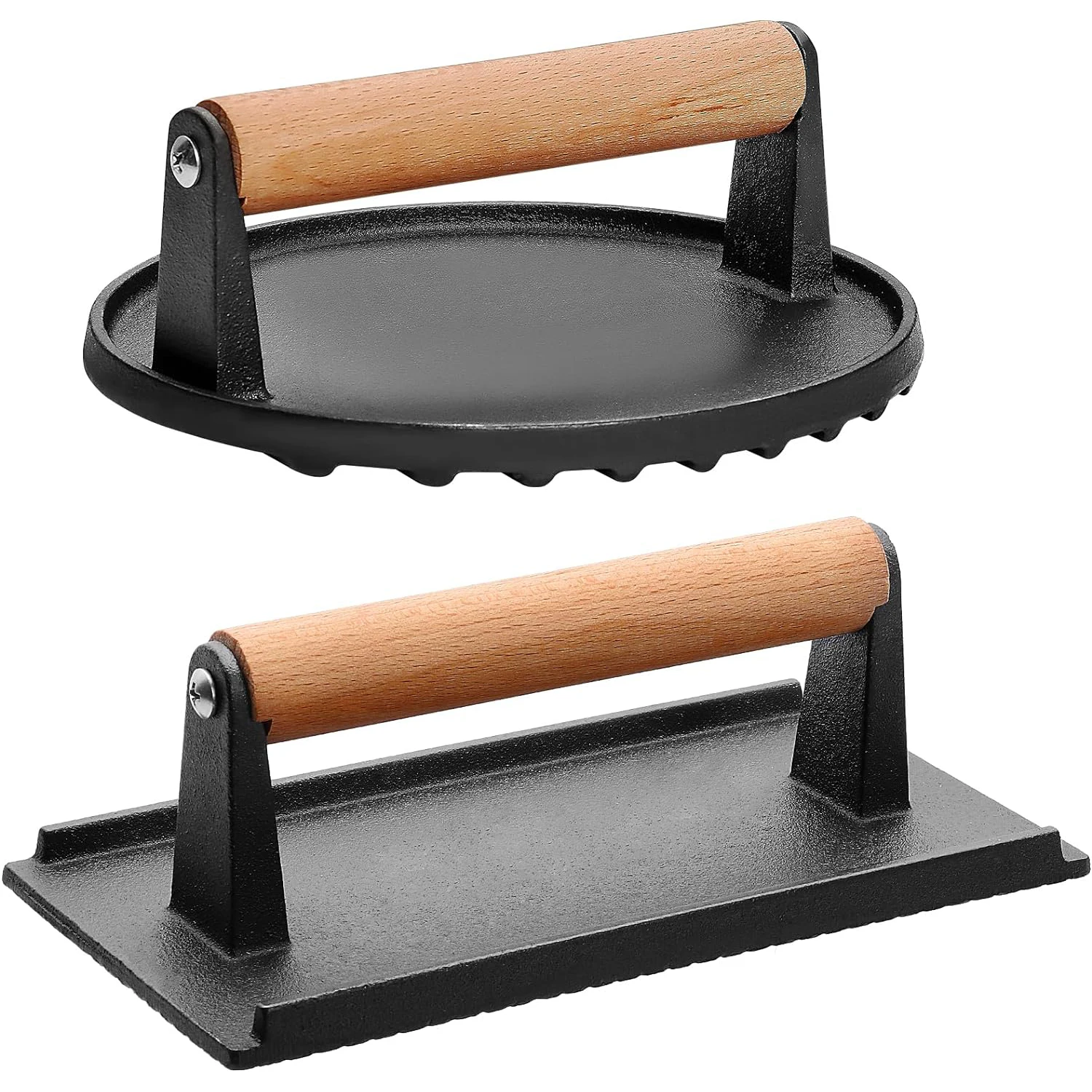 Burger Press Round & Rectangle Heavy Duty Cast Iron Grill Press with Wood Handle Smash Burger Press 1PCS