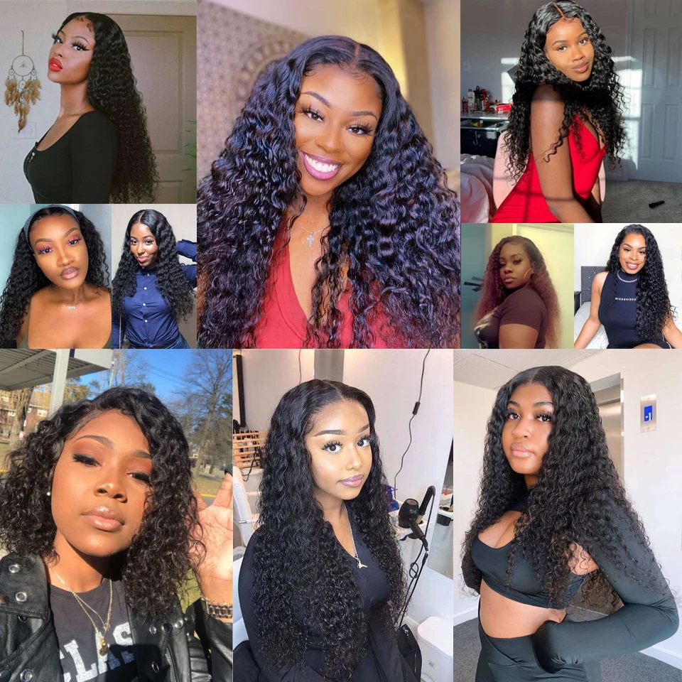 Sleek Deep Wave Human Hair Wigs For Women Curly Remy Brazilian Hair Wigs  4x4 Lace Closure Wigs Natural Black T Part Lace Wigs