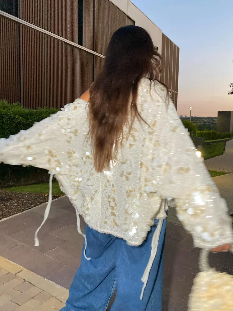 Women Chic Sparkling Beaded Short Loose Jacket Elegant V Neck Long Sleeve Lace Up Cardigan 2024 Autumn Female Fashion Streetwear 2
