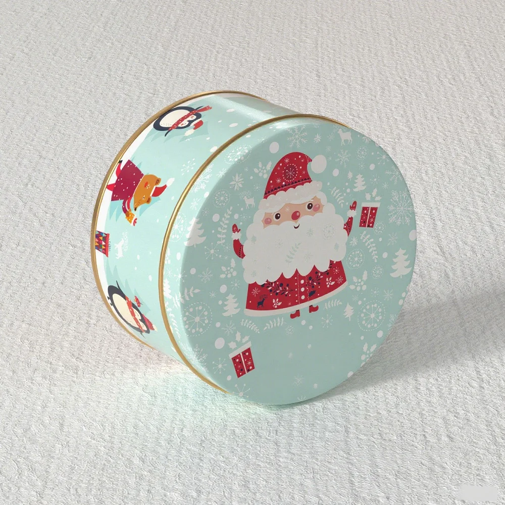 Weihnachtliche runde Bonbondose mit Cartoon-Elch und Weihnachtsmann-Motiv, festliche Weihnachtsdose aus Weißblech für Geschenke und Süßigkeitenverpackung – Detail 12