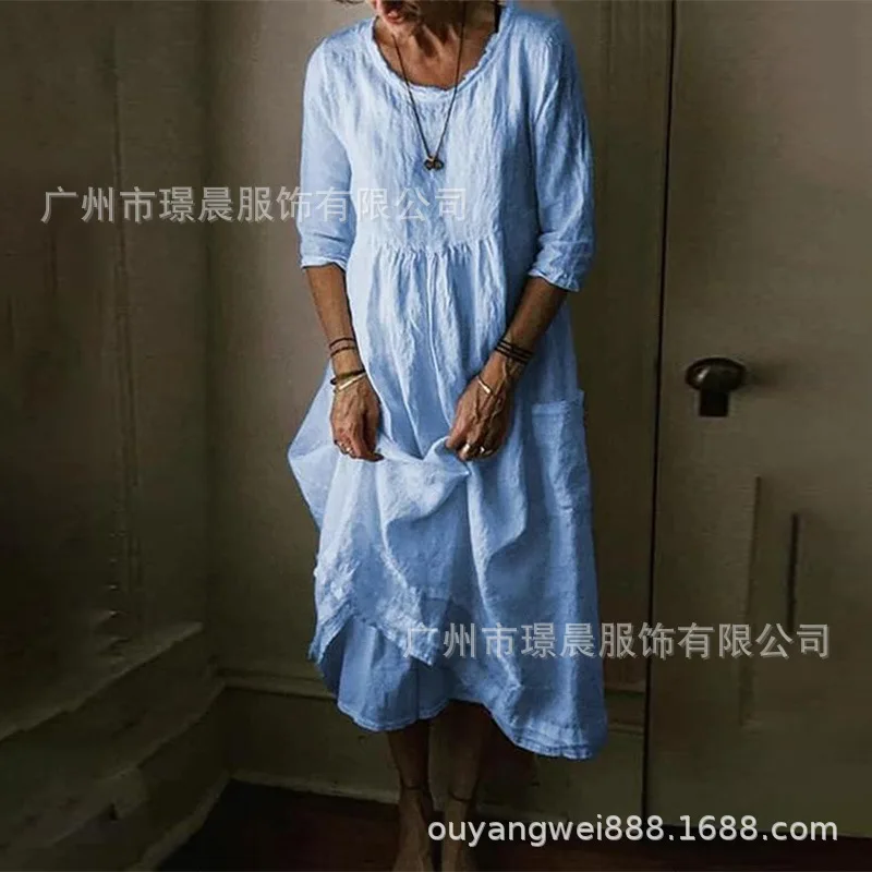 

Elegant and Pretty Women's Dresse elegant Popular 2023 Spring New Split Sleeve Round Neck Solid Color Pocket Dress