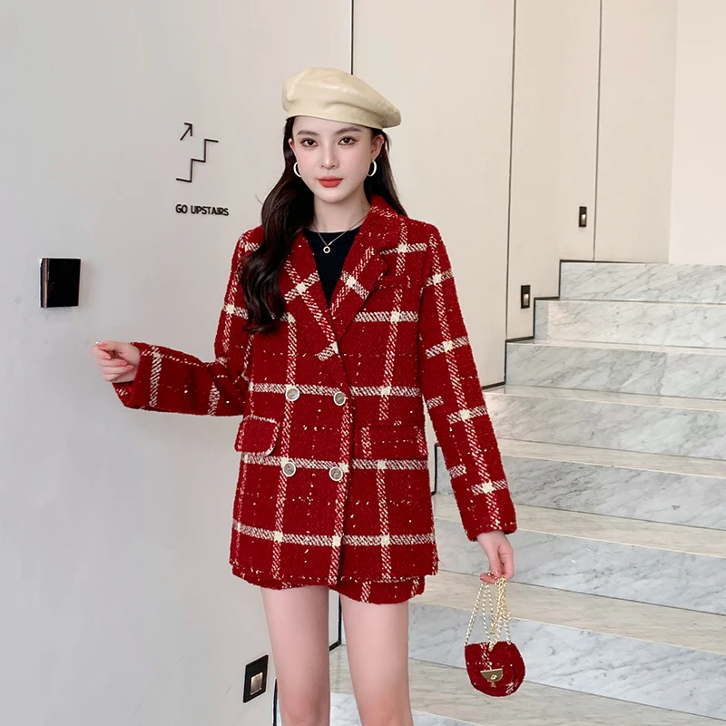 

Autumn Winter Women Plaid 2 Piece Set Red Tempermaent Turn Down Collar Double Breasted Long Sleeve+High Waist Short Pants Suits