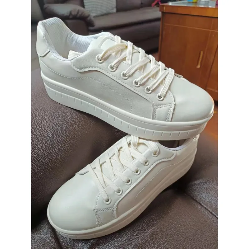 2024 Women Sneakers Solid Color Pu White Shoes Skateboard Height Increased Platform Vulcanized Casual Winter Lady Lace-Up Flats 6