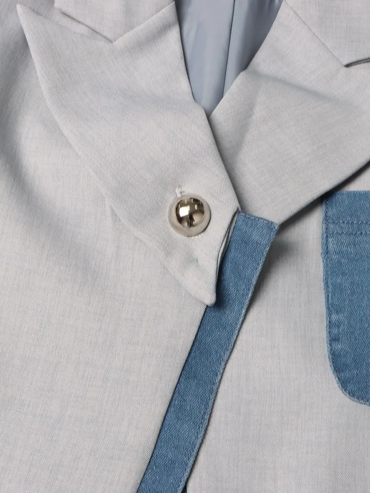 KBQ Chic Colorblock Blazer For Women Notched Collar Long Sleeve Patchwork Denim Split Casual Blazers Female Autumn Fashion Style