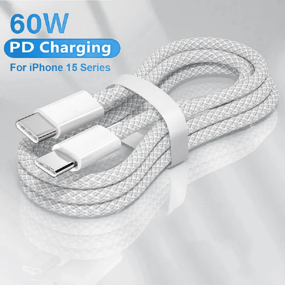 60W PD Fast Charging USB C to Type C Cable Braided Mobile Phone Charger Cord for iPhone 15/16 Android Samsung Xiaomi