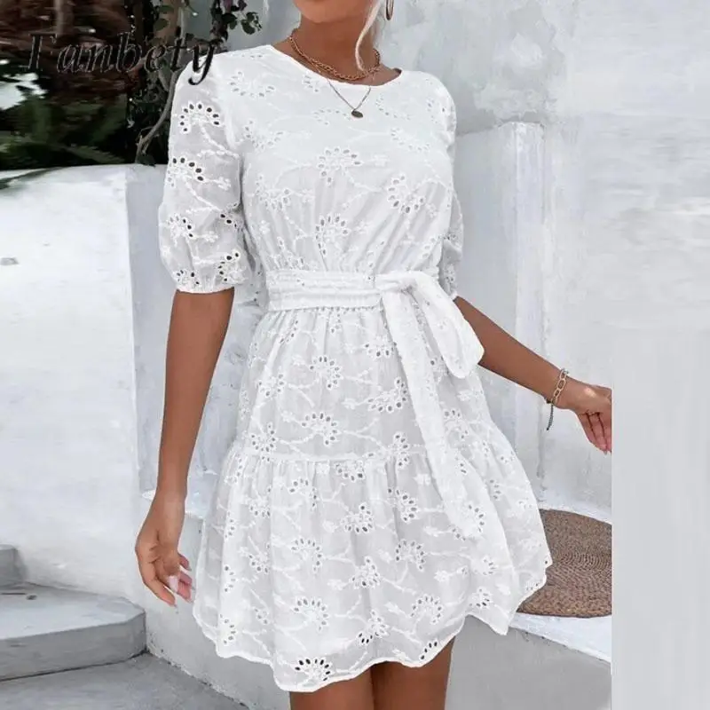 

Ladies Elegant Commuter Mini Dress 2024 Loose Lace O-Neck Hollow Printed Dress Spring And Summer Casual Lace Jacquard Dresses