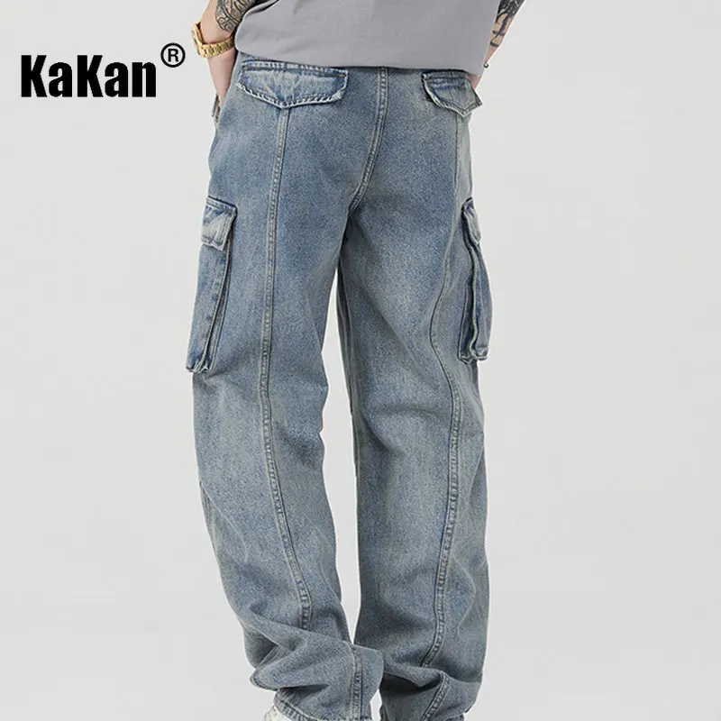 Kakan - New High Street Vintage Wash Jeans for Men, Multi Pocket Loose Straight Leg Wide Leg Long Jeans K24-ZLJZT0005