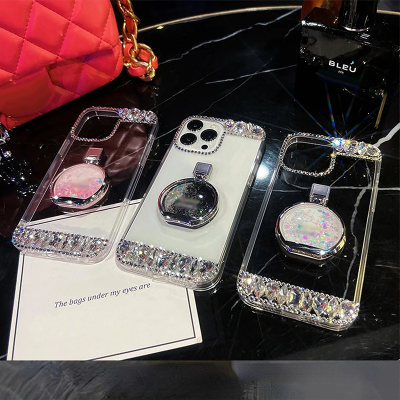 Luxurious bling Diamond Quicksand Perfume Bottle Ring Holder Phone Case For  iPhone 14 13 12 11 Pro Max X XR XS 7 8 Plus SE Cover