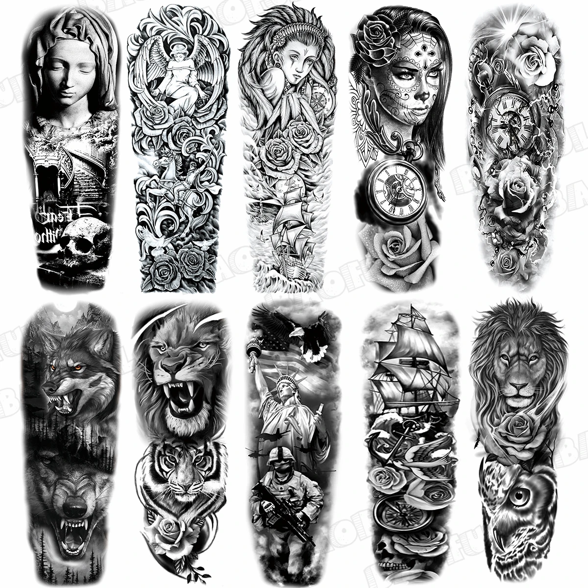 

Full Sleeve Temporary Tattoos For Women Men Realistic Compass Vampire Wolf Lion Tiger Flower War Fake Tattoo Stickers Arm Tatoos