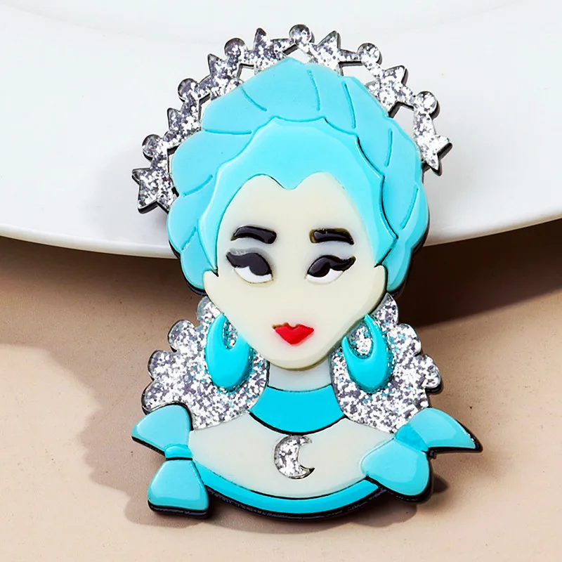 

New Blue Moon Girl Acrylic Brooch Lapel Pins for Women Fashion Snowflake Lady Figure Brooches Badges Casual Jewelry Accessories